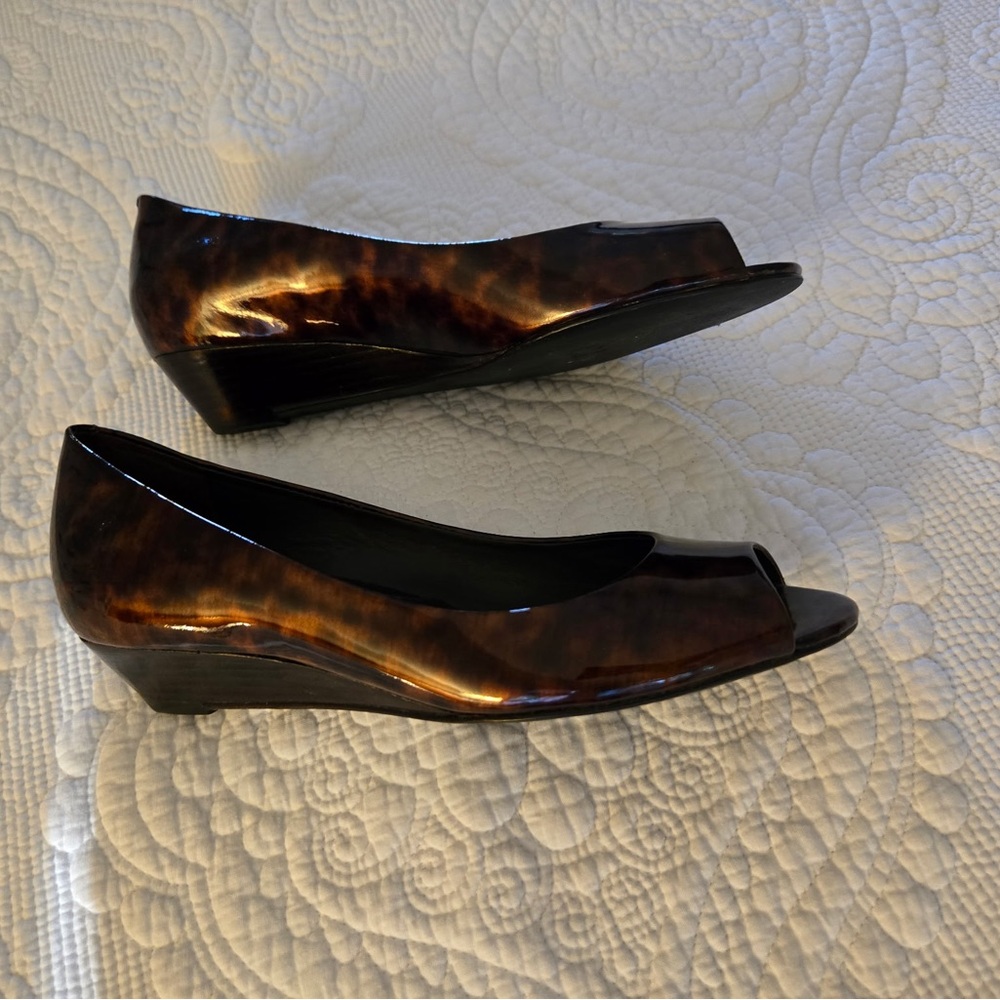 Cole Haan Glossy Brown Peep-Toe Wedges